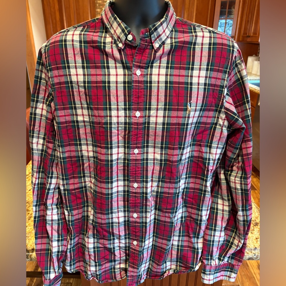 Ralph Lauren men’s button down shirt. Sharp Red & Green Plaid with logo. XL